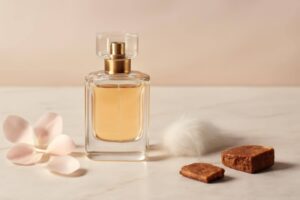 صورة تحريرية لعطر نسائي مع مسك أبيض وعناصر عطرية هادئة توضح اختيار الرائحة المناسبة حسب الذوق والمناسبة