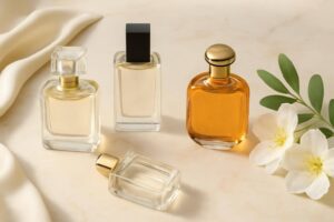 صورة تحريرية لزجاجات عطور متنوعة مع زهور بيضاء، تعكس موضوع اختيار العطر المناسب حسب الشخصية والمناسبة.
