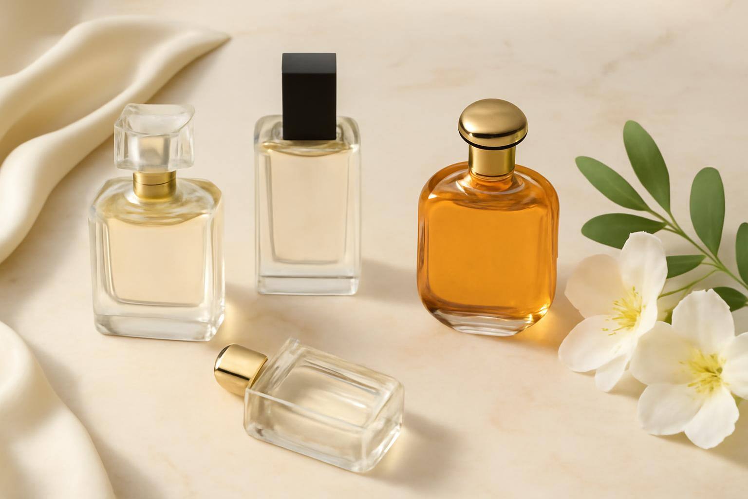 صورة تحريرية لزجاجات عطور متنوعة مع زهور بيضاء، تعكس موضوع اختيار العطر المناسب حسب الشخصية والمناسبة.